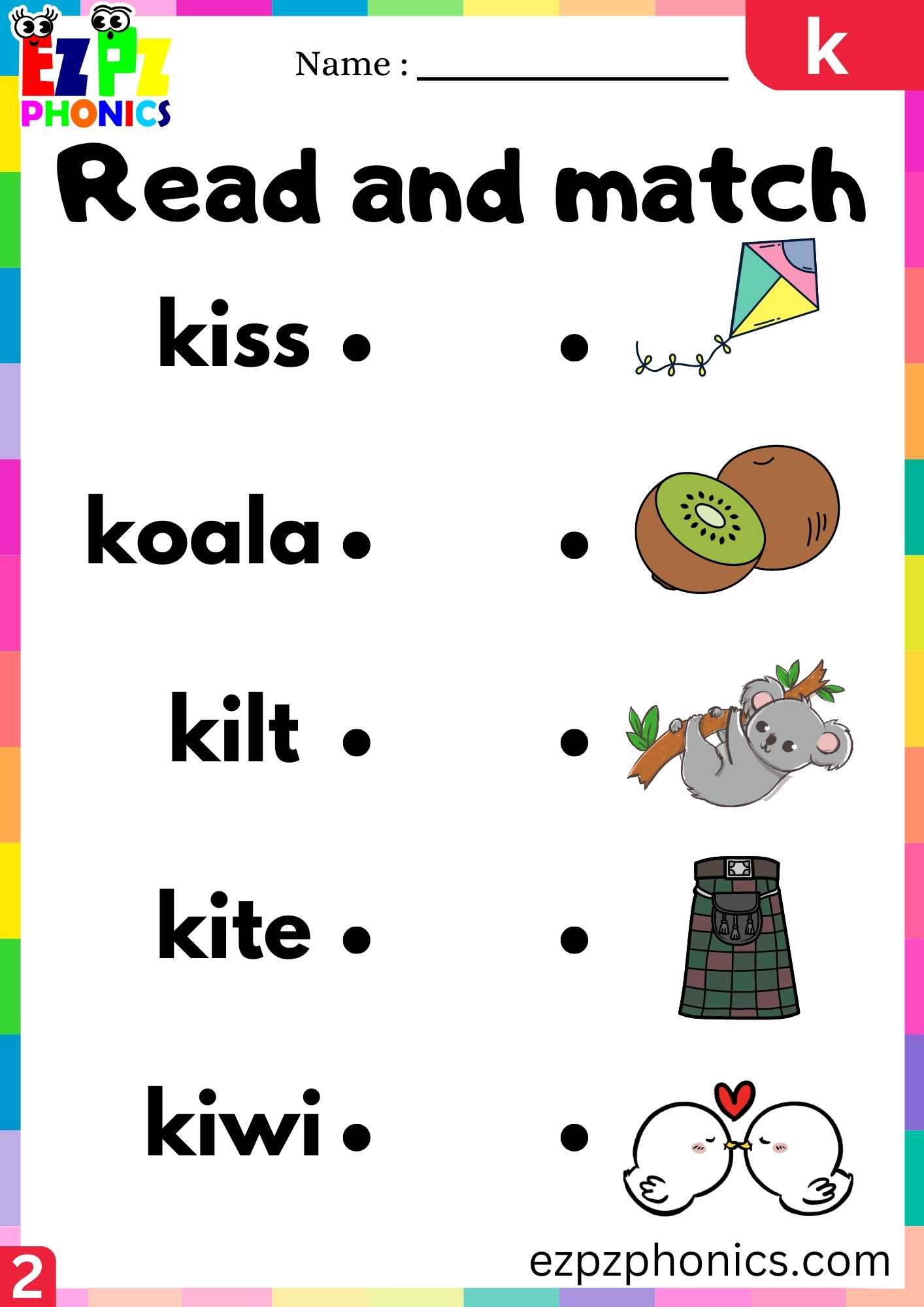 Group2 Letter K Read And Match Beginning Sounds Worksheet